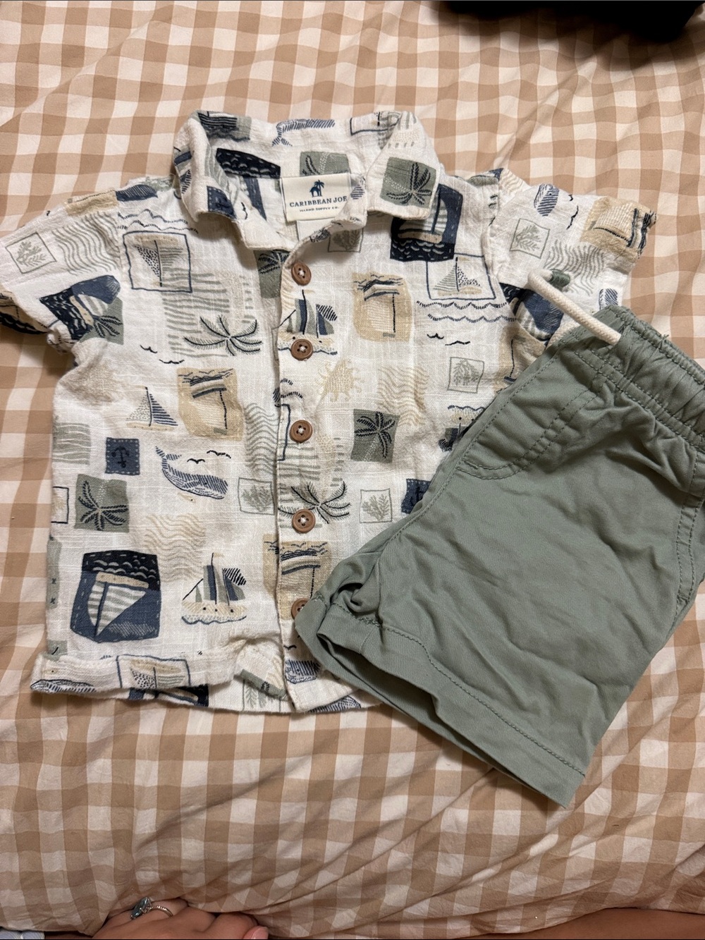 Caribbean Joe Boys' Sage Green Shorts with Tropical Print Button Shirt 12 Months